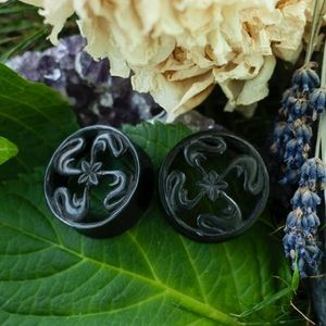 Black Acrylic Tunnel Plugs with Carved Design